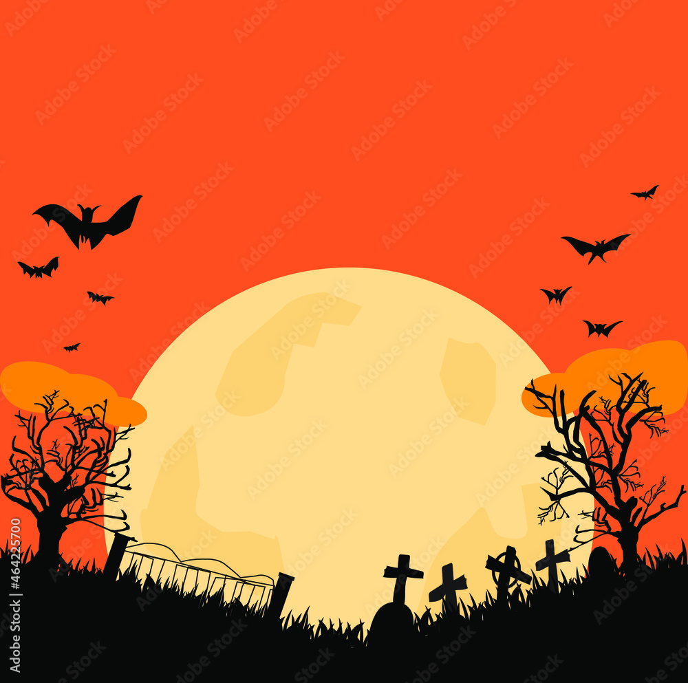 full moon background on cemetery graveyard tombstone haunted tree and bat in orange halloween night copy space