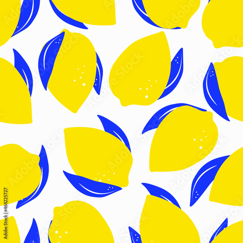 Seamless pattern of yellow lemons with blue leaves