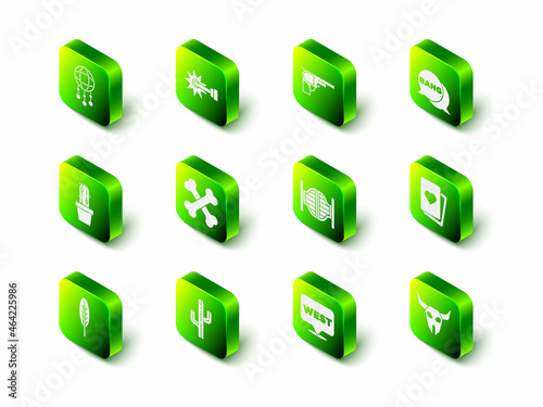 Set Spur, Revolver gun, Bang boom, Comic, Deck of playing cards, Buffalo skull, Saloon door, Pointer to wild west and Cactus icon. Vector
