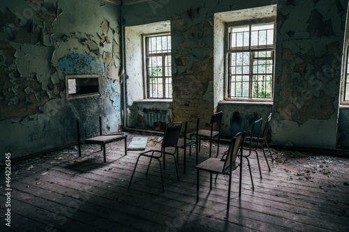 Inside old Asylum for the insane. Dark creepy abandoned mental hospital