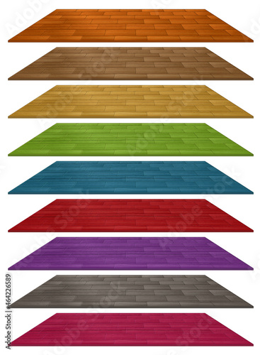 Set of different colour wooden floor tiles isolated on white background