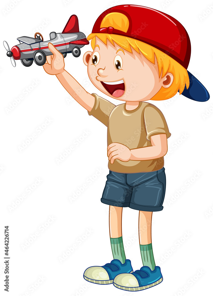 A boy wearing helmet playing airplane toy A boy wearing helmet playing airplane toy