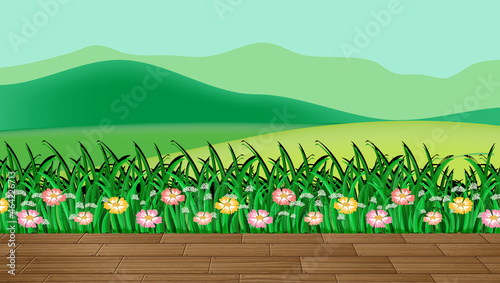 Flower field and green grass with mountain backdrop