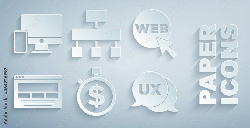 Set Time is money, Web and graphic design, UI or UX, Site map and Monitor mobile icon. Vector - obrazy, fototapety, plakaty 