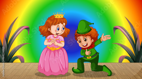 Princess and kid cartoon character on rainbow gradient background