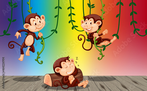 Monkeys hanging on liana on rainbow gradient background