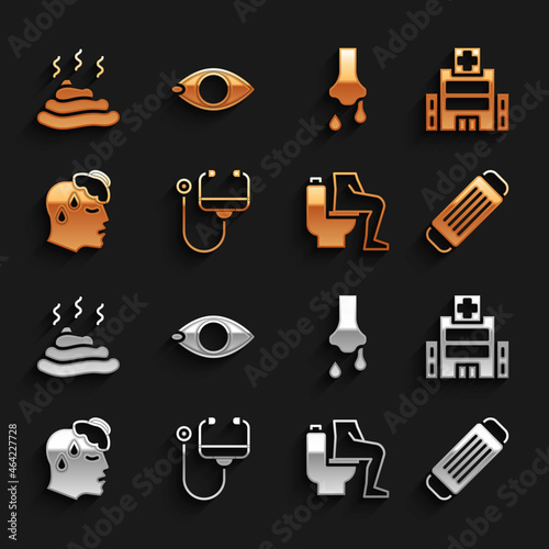 Set Stethoscope, Medical hospital building, protective mask, Constipation, High human body temperature, Runny nose, Shit and Blindness icon. Vector