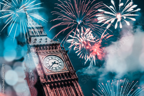  fireworks over Big Ben - new year celebrations in London, UK #464228175