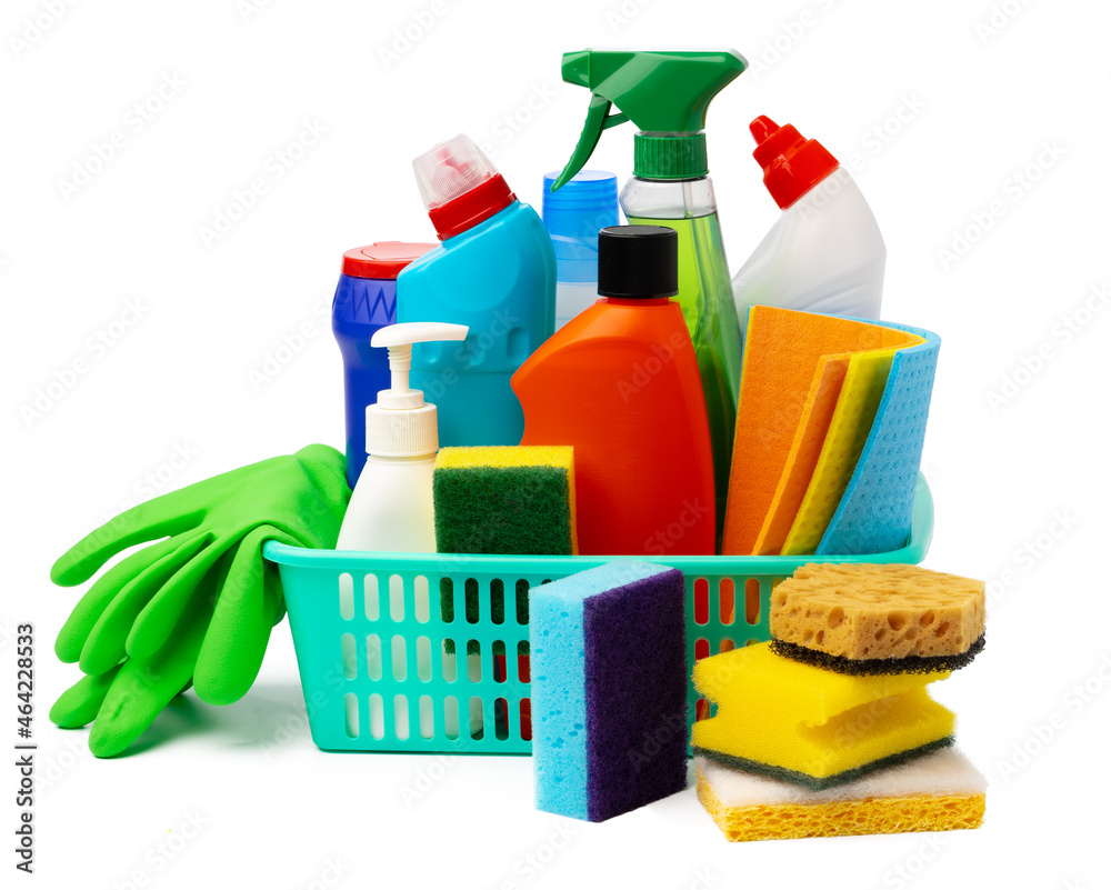 Cleaning items in basket isolated on white background Cleaning items in basket isolated on white background