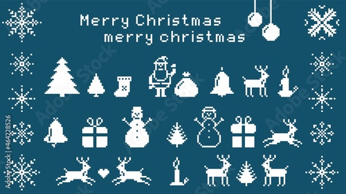 Christmas pixel set. Santa claus with bag of gifts. Festive fir trees with geometric new years snowflakes. Burning holiday candle with bell and sock. Pixelated joyful snowman and vector deer