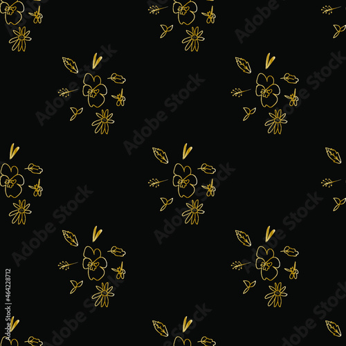 Vector seamless pattern with Floral botanicals hand drawn golden line on black background.Flowers repeating print in doodle style.Design for textiles,packaging,wrapping paper,scrapbook paper. 