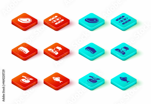 Set Steak meat and knife, Fish, Grilled pork bbq ribs, Cook, shish kebab and icon. Vector