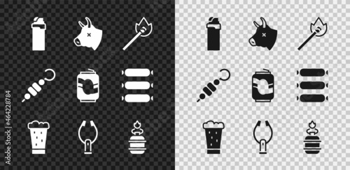 Set Lighter, Cow head, Burning match with fire, Glass of beer, Meat tongs, Camping gas stove, Grilled shish kebab and Soda can icon. Vector