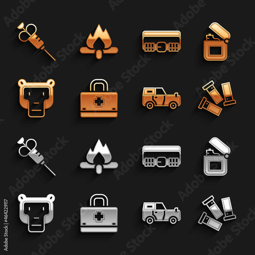 Set First aid kit, Lighter, Cartridges, Off road car, Monkey, Hunting cartridge belt, Syringe and Campfire icon. Vector