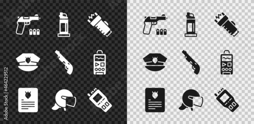 Set Pistol or gun, Pepper spray, Police electric shocker, The arrest warrant, helmet, Walkie talkie, cap with cockade and shotgun icon. Vector