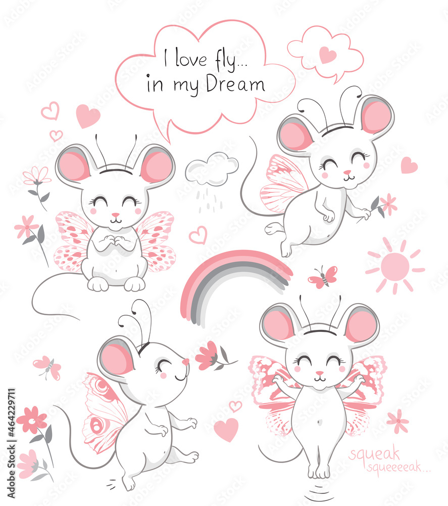 Cute butterfly mice. Individual elements
