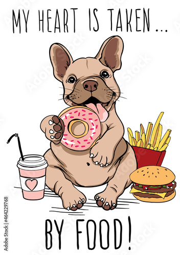 Vector drawing. Funny French bulldog glutton