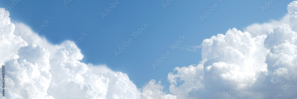 Air clouds in the blue sky banner.Blue backdrop in the air. Abstract style for text, design pattern.