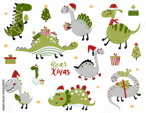 Set of cute christmas dinosaurs.
