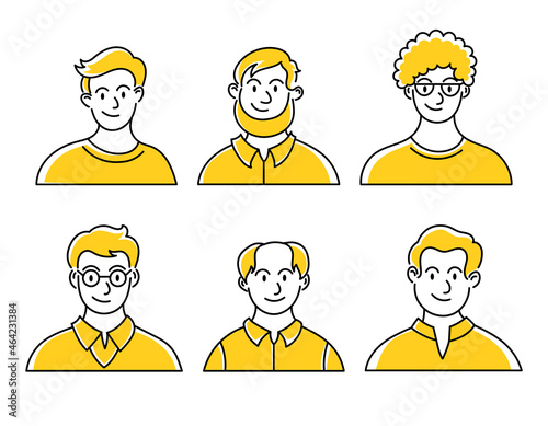 Contour set of persons, avatars, people heads of different age in flat style. Social networks line people faces collection.Men, boys 