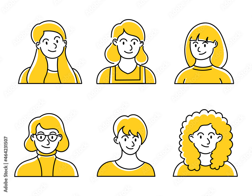 Contour set of persons, avatars, people heads of different age in flat style. Social networks line people faces collection. Women, Girls Contour set of persons, avatars, people heads of different age in flat style. Social networks line people faces collection. Women, Girls