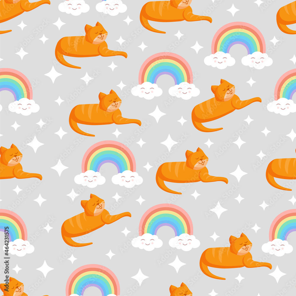Naklejka premium Seamless texture with ginger cat, clouds and stars and a rainbow for textiles, fabric. Vector illustration of the pattern.
