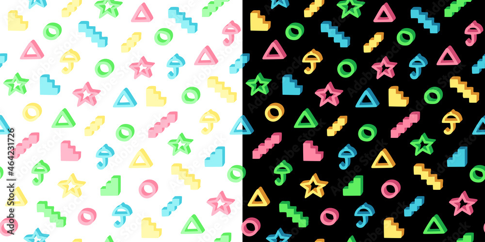 Seamless pattern with geometric shapes on a white and black background. Isolated volumetric umbrella, triangle, circle, star and ladder. Multi-colored elements from the game. Trendy vector print. Seamless pattern with geometric shapes on a white and black background. Isolated volumetric umbrella, triangle, circle, star and ladder. Multi-colored elements from the game. Trendy vector print.