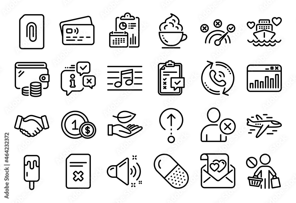Vector set of Honeymoon cruise, Love letter and Marketing statistics line icons set. Calendar report, Money wallet and Credit card tag. Ice cream, Delete file and Musical note icons. Vector Vector set of Honeymoon cruise, Love letter and Marketing statistics line icons set. Calendar report, Money wallet and Credit card tag. Ice cream, Delete file and Musical note icons. Vector