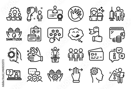 Vector set of Employee hand, Yummy smile and Multitasking gesture line icons set. Calendar report, Money wallet and Credit card tag. Ranking star, Group and Winner podium icons. Vector