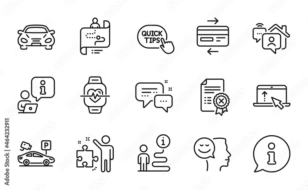Technology icons set. Included icon as Credit card, Swipe up, Work home signs. Reject certificate, Cardio training, Quick tips symbols. Car, Strategy, Journey path. Employees messenger. Vector