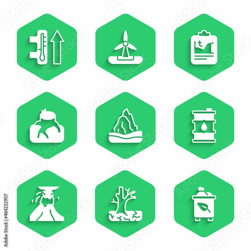 Set Iceberg, Withered tree, Recycle bin with recycle, Barrel oil, Volcano eruption lava, Deforestation, Global warming and icon. Vector