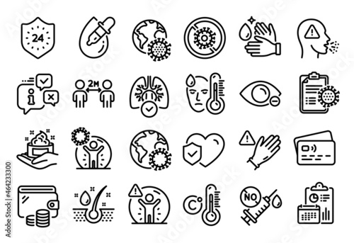 Vector set of Lungs, Coronavirus protection and Myopia line icons set. Calendar report, Money wallet and Credit card tag. 24 hours, Coronavirus pandemic and Wash hands icons. Vector