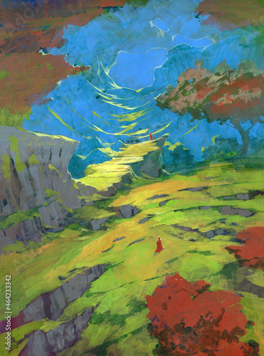 My original fantasy acrylic painting of a vast autumn scene with red trees 
