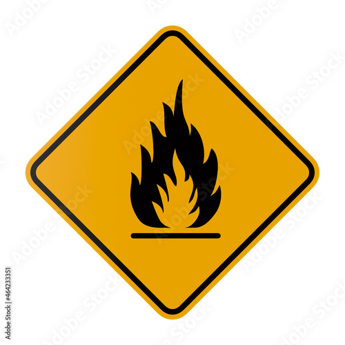 Fire warning sign in yellow romb. Flammable, inflammable substances on white background. Isolated 3D illustration