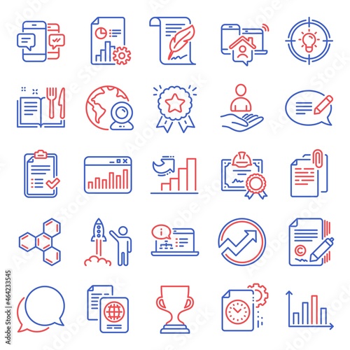 Education icons set. Included icon as Audit, Idea, Award cup signs. Online documentation, Certificate, Passport document symbols. Diagram graph, Copywriting, Ranking star. Recruitment. Vector
