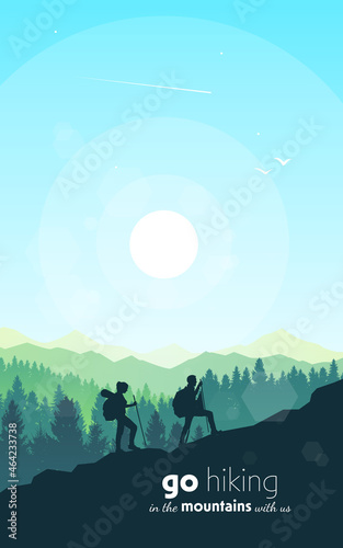 Couple climbers. Climbing to top at dawn. Travel concept of discovering, exploring and observing nature. Hiking tourism. Adventure. Minimalist graphic flyer. Polygonal flat design. Vector illustration