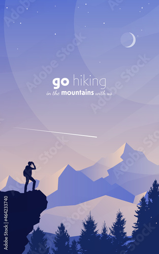 Man watches nature. Traveler on top. Travel concept of discovering, exploring and observing nature. Hiking tourism. Adventure. Minimalist graphic flyers. Polygonal flat design. Vector illustration.