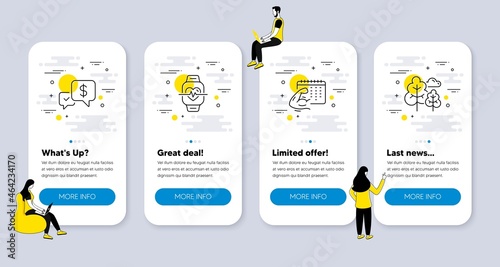 Vector Set of Business icons related to Fitness calendar, Cardio training and Payment received icons. UI phone app screens with people. Tree line symbols. Biceps workout, Fitness watch, Money. Vector
