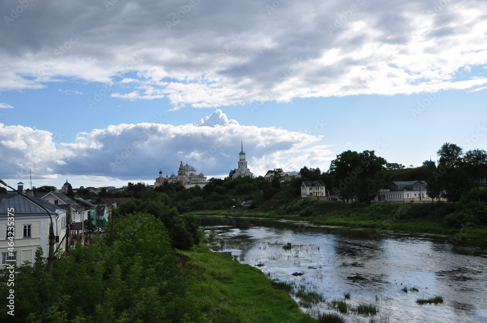Panoramic view of the Novotorzhsky Kremlin and the Tvertsa river. August 03, 2021, Torzhok, Russia.