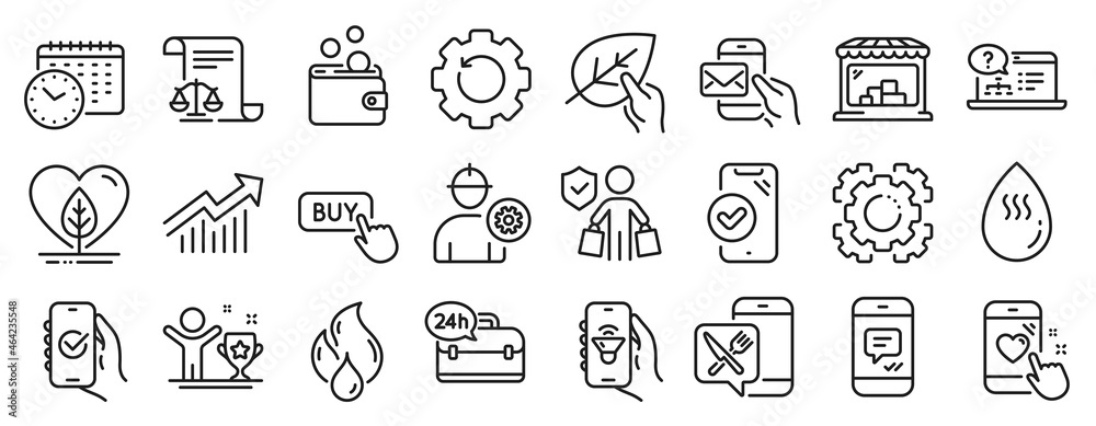 Set of Business icons, such as Approved app, Music app, Legal documents icons. 24h service, Calendar time, Hot water signs. Winner cup, Buyer insurance, Message. Buy button, Market. Vector