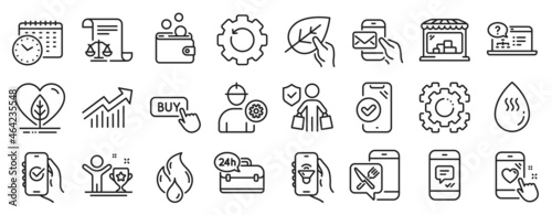 Set of Business icons  such as Approved app  Music app  Legal documents icons. 24h service  Calendar time  Hot water signs. Winner cup  Buyer insurance  Message. Buy button  Market. Vector