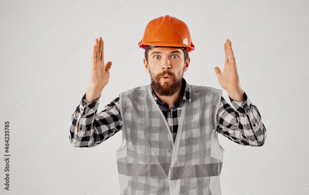 emotional man Construction industry work hand gestures light background