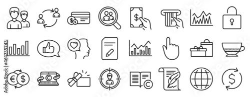 Set of line icons, such as Infochart, Globe, Investment icons. Money exchange, User communication, Opened gift signs. Feedback, Payment method, Copyright. Lock, Receive money, Credit card. Vector