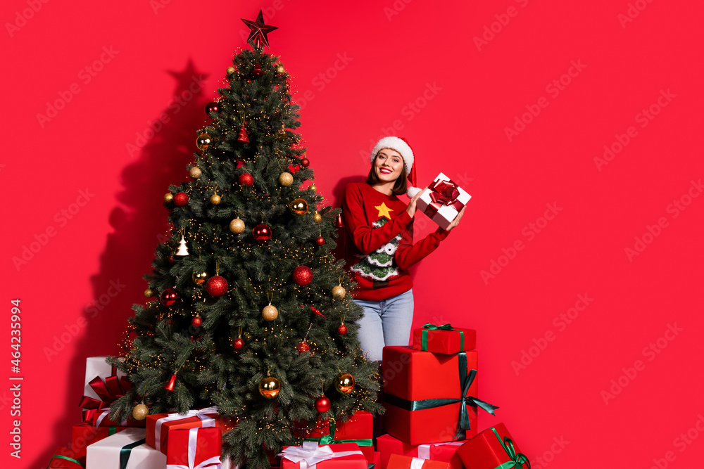Photo of attractive young woman have fun shake present decoration miracle 2022 x-mas isolated over red color background Photo of attractive young woman have fun shake present decoration miracle 2022 x-mas isolated over red color background