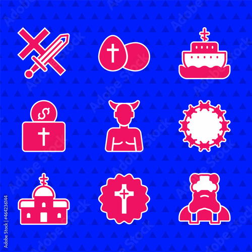 Set Krampus, heck, Christian cross, Priest, Crown of thorns, Church building, Donation for church, Ark noah and Crusade icon. Vector