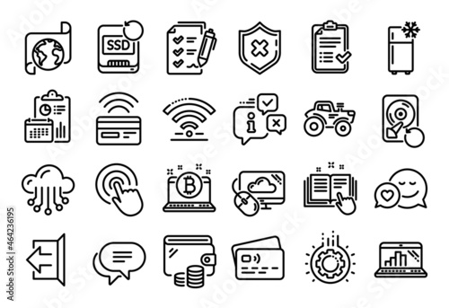 Vector set of Translation service, Technical documentation and Recovery ssd line icons set. Calendar report, Money wallet and Credit card tag. Tractor, Cloud storage and Cloud computing icons. Vector