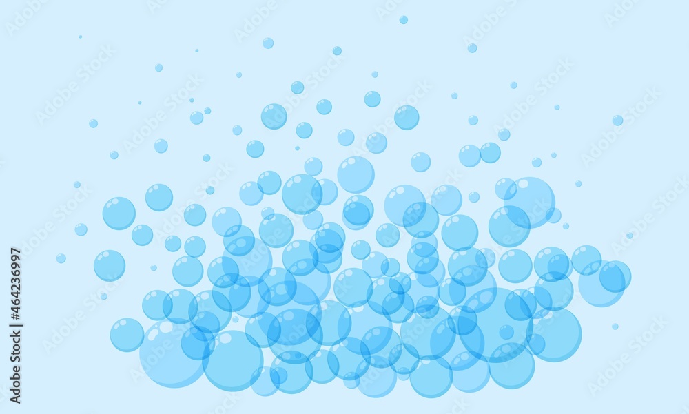 Soap bubbles in cartoon style. A foam sample with blue round shapes. Vector illustration of a card with shampoo or drinking foam. Simple soap background. Oxygen circles fly up