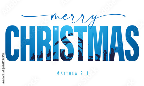 Merry Christmas elegant lettering with nativity scene. Christmas story Mary, Joseph and baby Jesus in manger with star. Birth of Christ in text, silhouette wise men and shepherd. Vector illustration