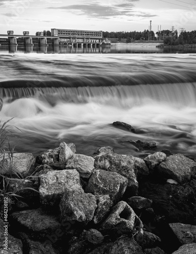Water dam and power plant in long exposure black an white