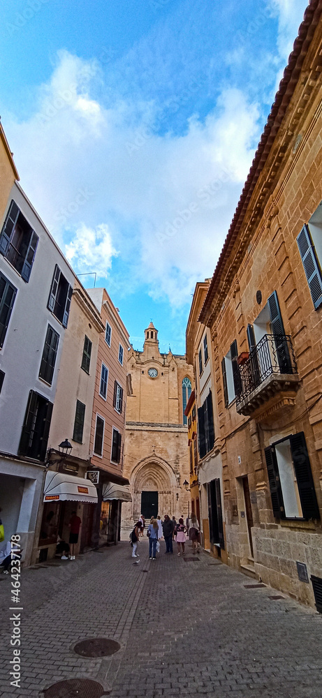 alley and church of Ciutadella, Menorca, Balearic Islands, Spain.